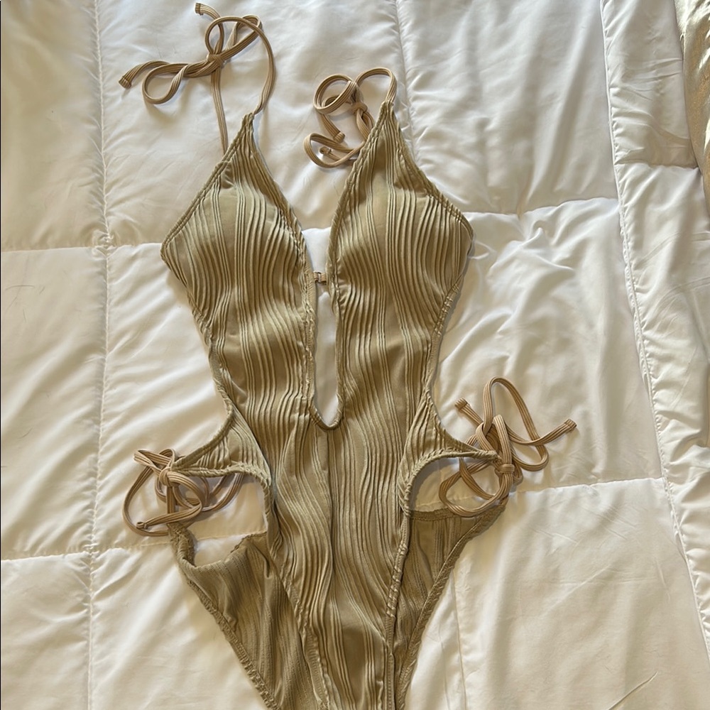 Beige Ribbed One-Piece Swimsuit